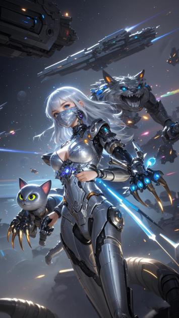 银发机甲女战士携机械猫迎战星际巨兽