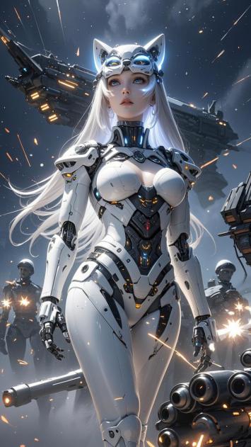 赛博朋克猫耳女机甲战士战场激战图