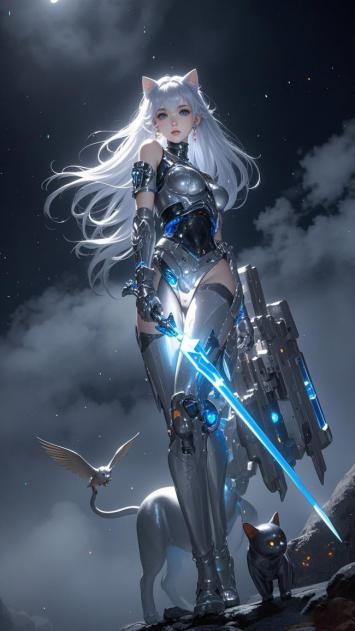 赛博朋克银发机甲女战士持光剑立于星空之巅