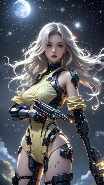 赛博朋克银发女战士持枪立于星月之下