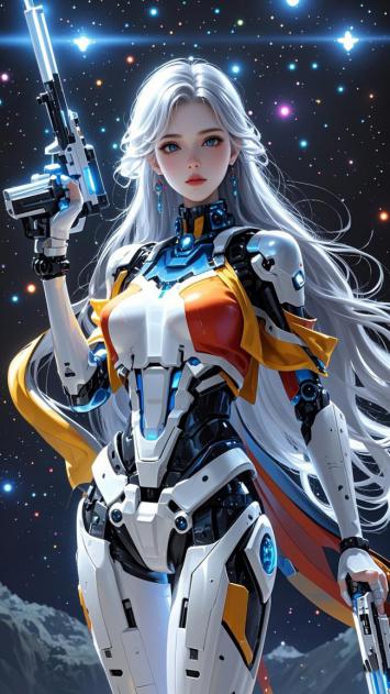 银发机甲女战士立于星海之间