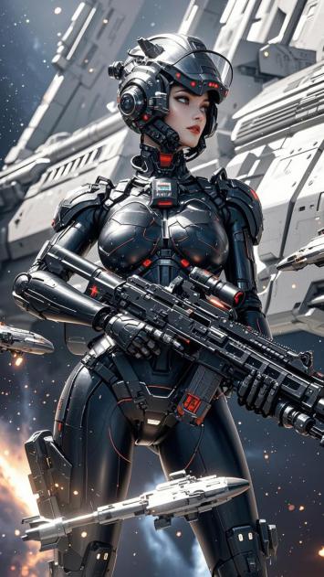 赛博朋克女战士持枪立于太空战场
