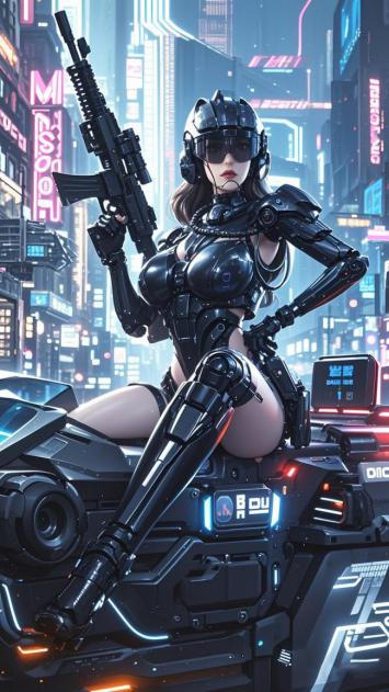 赛博朋克女战士骑乘机甲摩托霓虹夜景