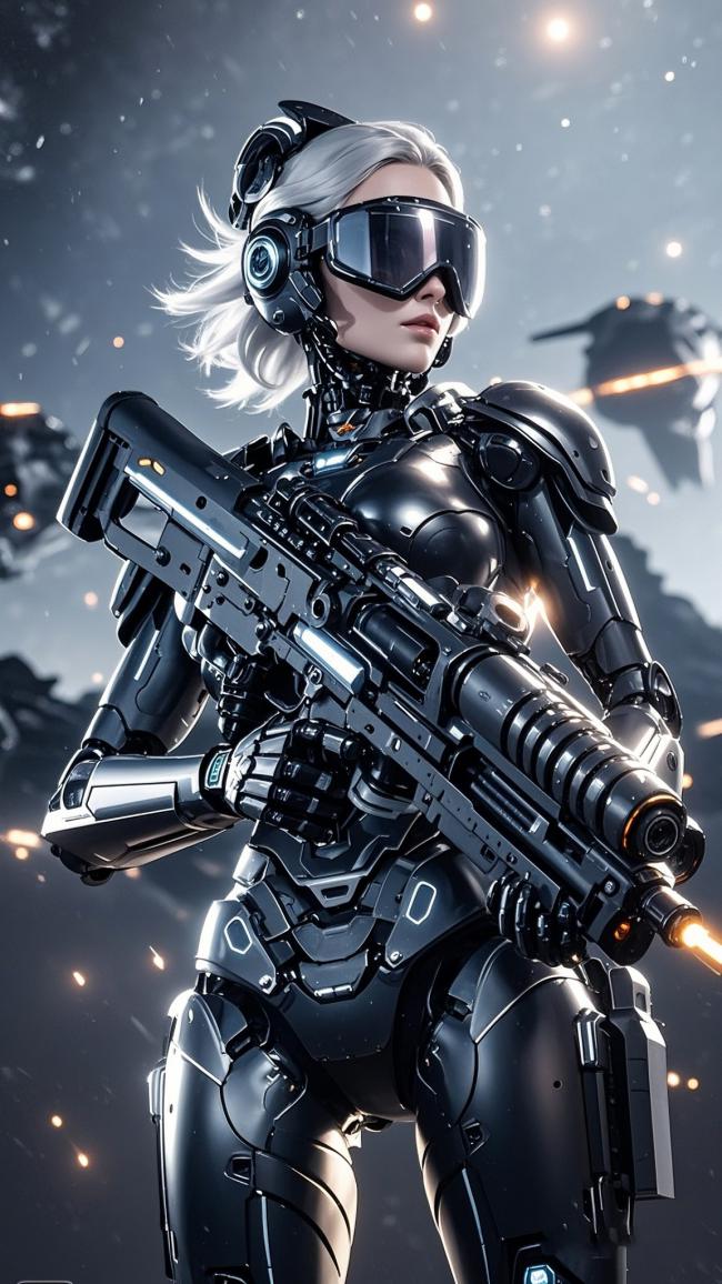赛博朋克女战士持枪作战全景图