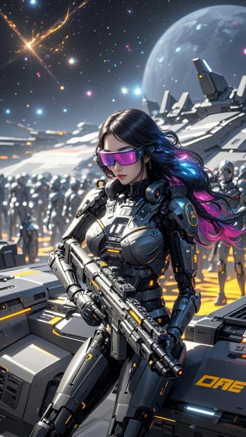 赛博朋克女战士持枪立于星际战舰之上