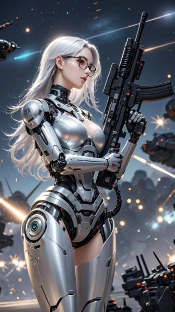 赛博朋克银发女战士持枪作战场景