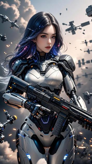 赛博朋克女战士持枪立于太空战场