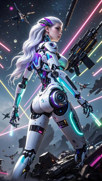 赛博朋克女战士持枪立于星空战场