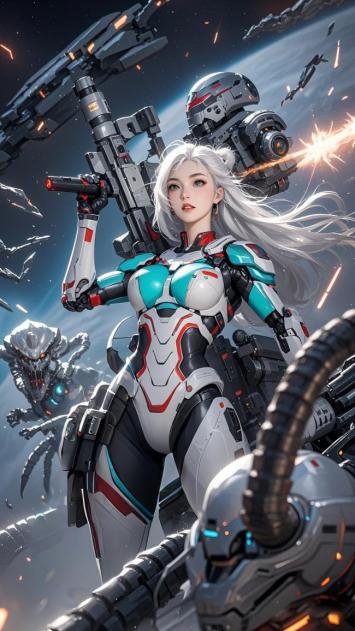 银发机甲女战士太空激战赛博朋克插画
