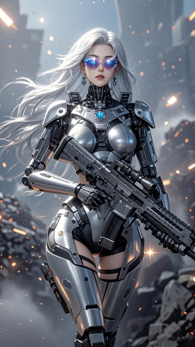 银发机甲女战士：赛博朋克废墟中的钢铁女神