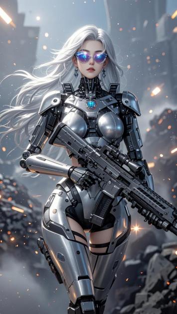 银发机甲女战士：赛博朋克废墟中的钢铁女神