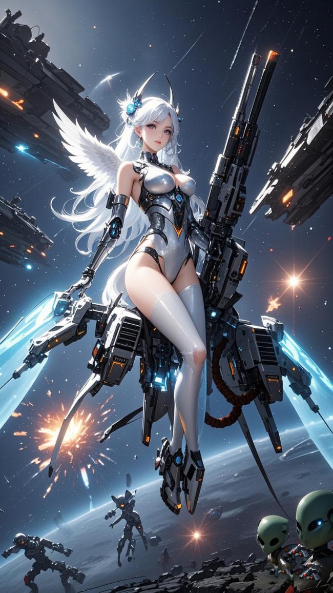 赛博朋克天使机甲女战士太空激战图