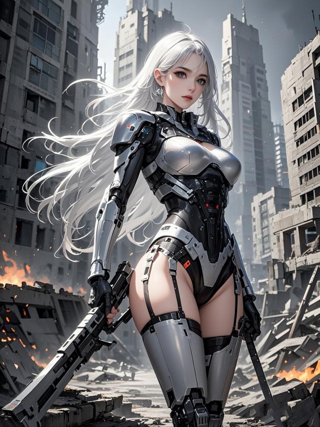银发机甲女战士立于废墟都市