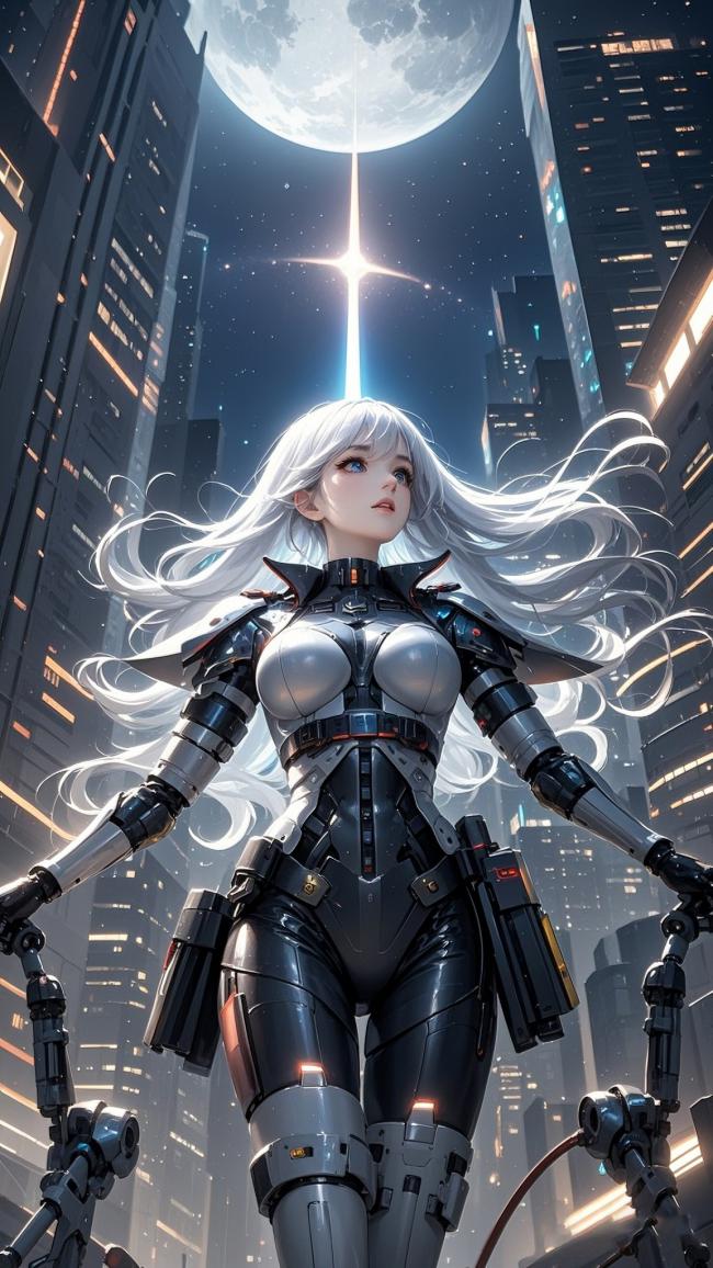 月光下的赛博女战士：霓虹都市中的科技女神