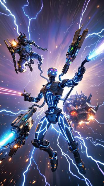 赛博朋克机甲激战：雷电风暴中的未来战士