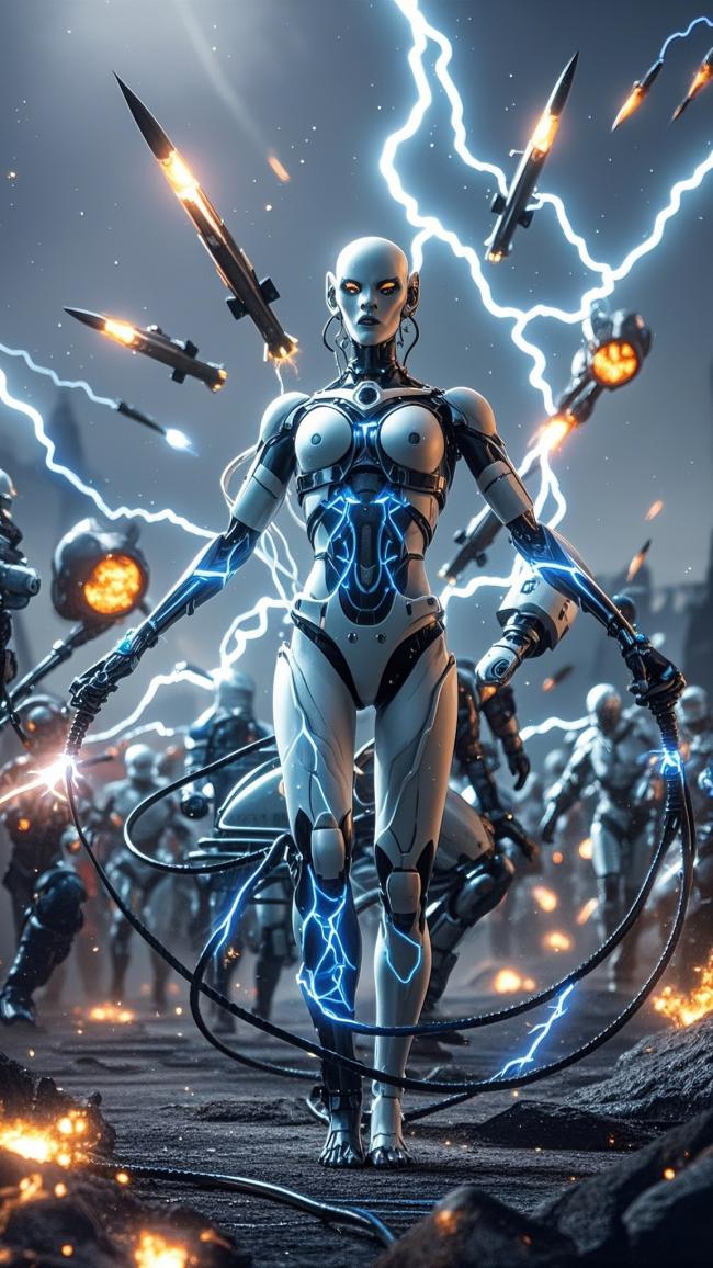 赛博朋克女机甲战士战场激战图