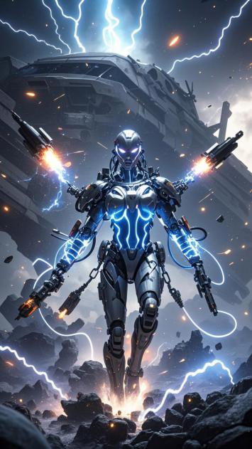 赛博朋克机甲女战士激战废墟战场