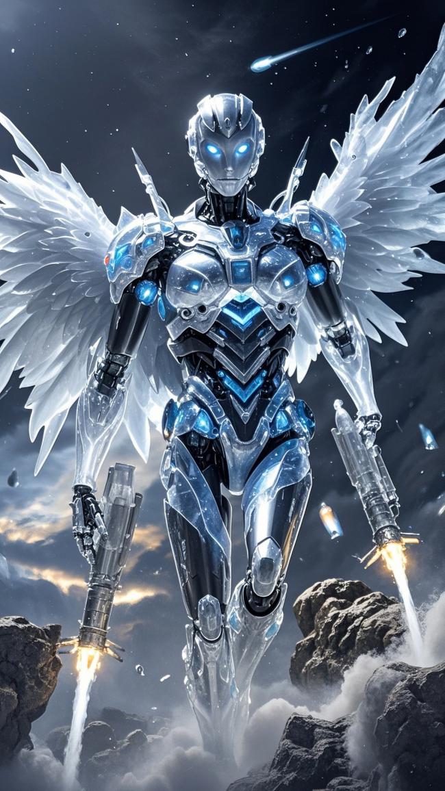 赛博天使机甲战士科幻夜景图