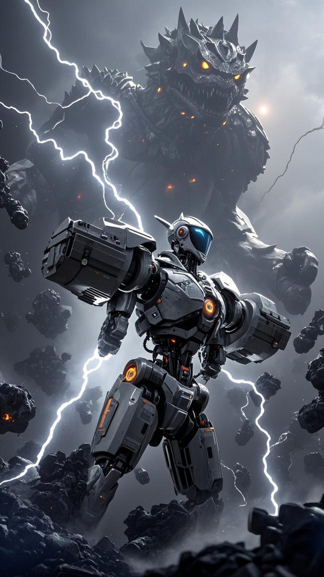 机甲战士对战雷电怪兽的科幻宇宙战场