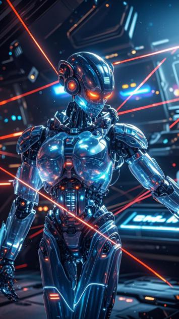 赛博朋克女机甲战士霓虹夜景图