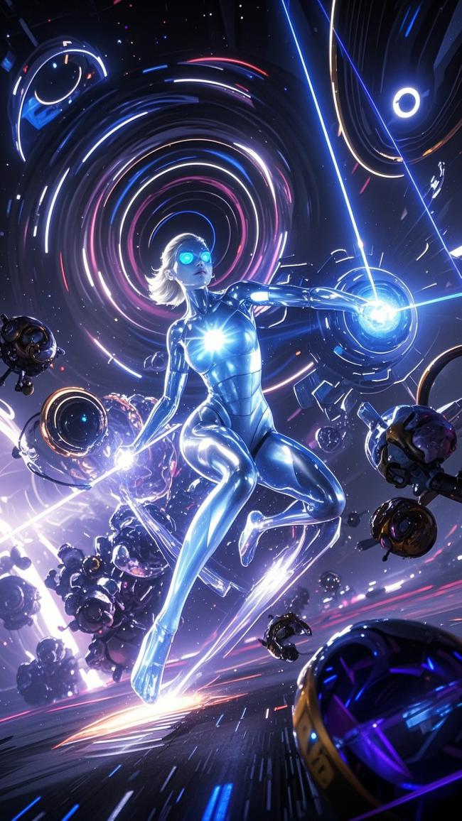 一位银色金属质感的未来女战士在宇宙空间中高速冲刺，身着紧身发光战甲，双眼释放蓝色