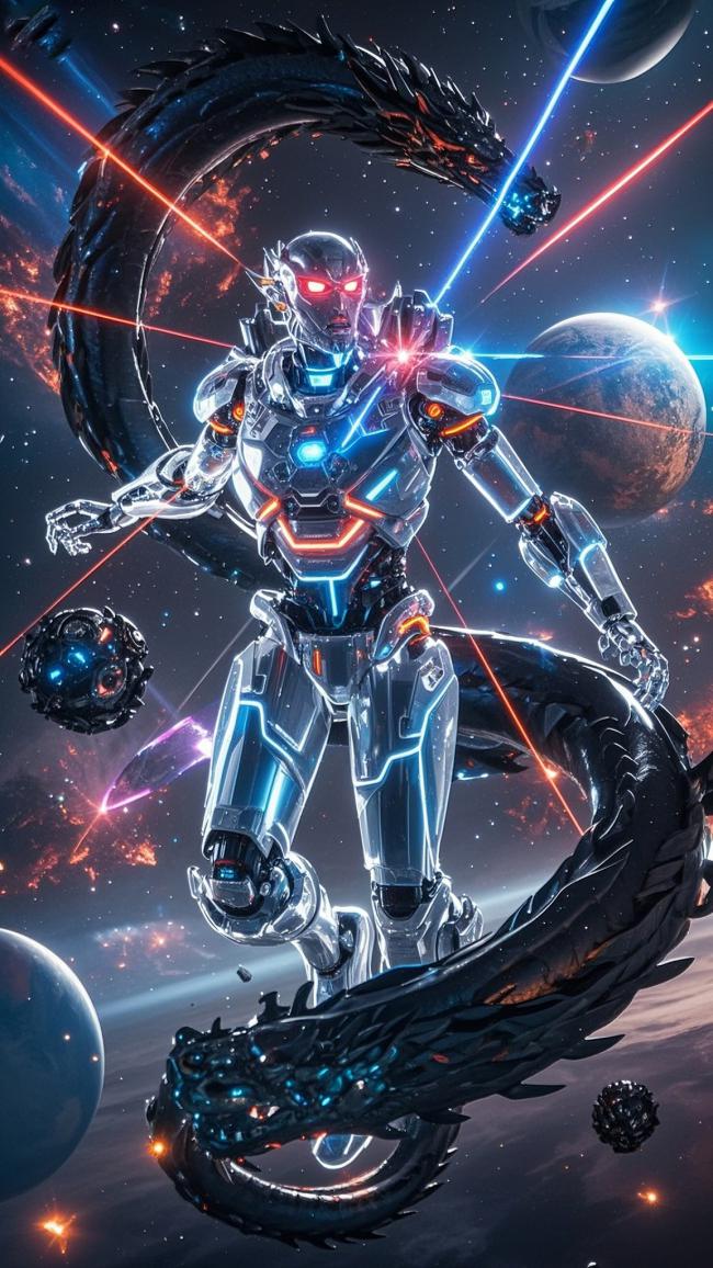 赛博机甲与玄龙共舞星海