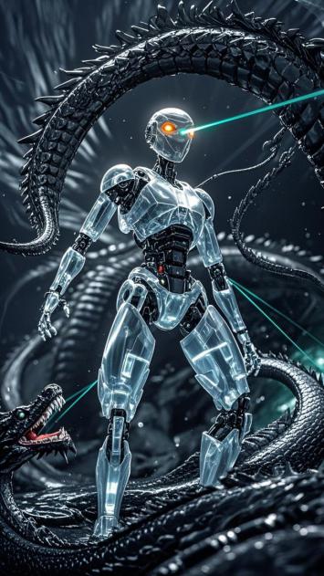 赛博朋克机甲龙战士对峙巨龙场景