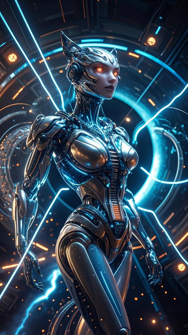 赛博朋克猫耳女机甲战士霓虹夜景