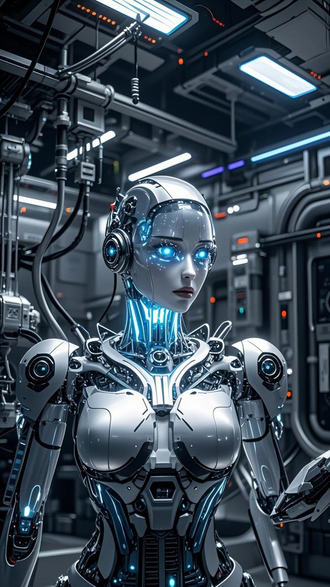 赛博朋克女机甲战士：蓝光霓虹下的未来女神