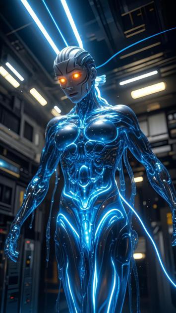 赛博格女战士霓虹夜景图