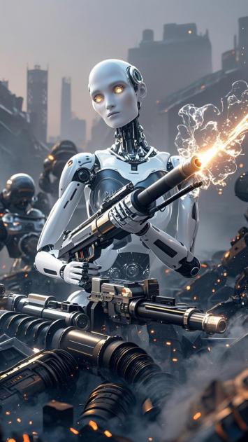 赛博朋克女战神持枪激战废墟城