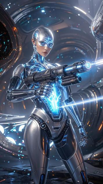 赛博朋克女机甲战士持枪特写