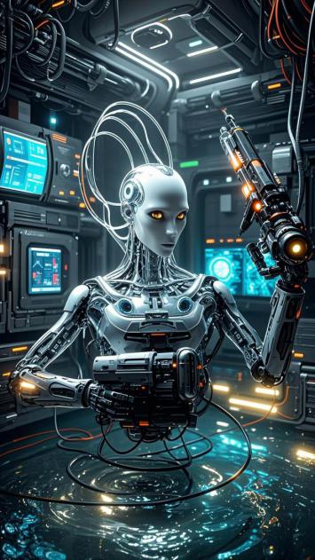 赛博朋克机械女战士持械立于霓虹控制室