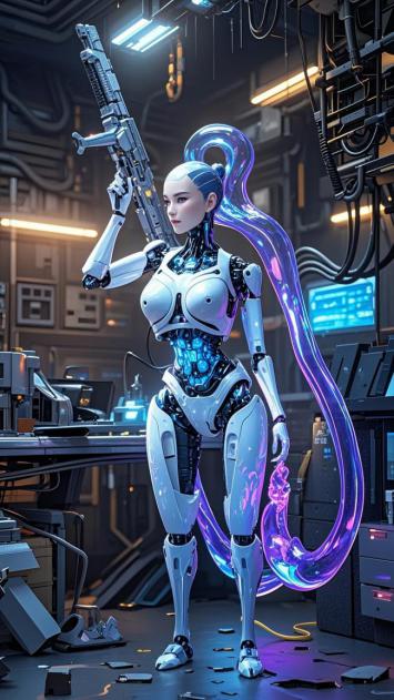 赛博朋克女机甲战士持枪立于霓虹实验室