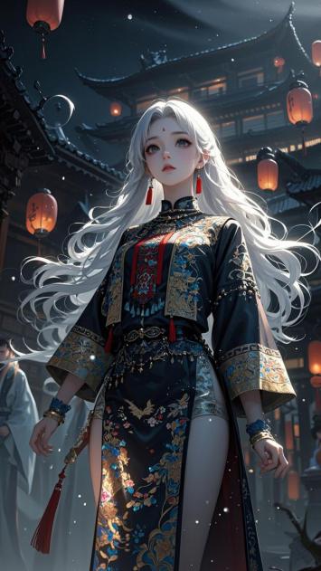 银发仙姬立古楼，霓灯映影如梦境