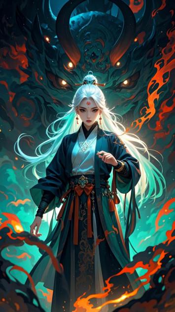 白发仙侠女立于火焰神兽前，仙侠玄幻风震撼视觉