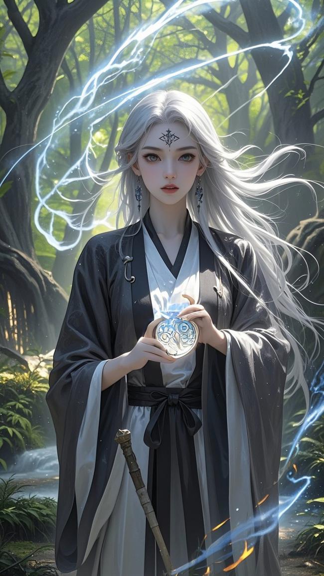 银发仙子持灵器立森林，仙侠玄幻风唯美写真