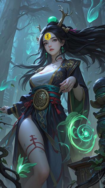 仙侠少女持灵光立于幽林，古风华服配鹿角法饰