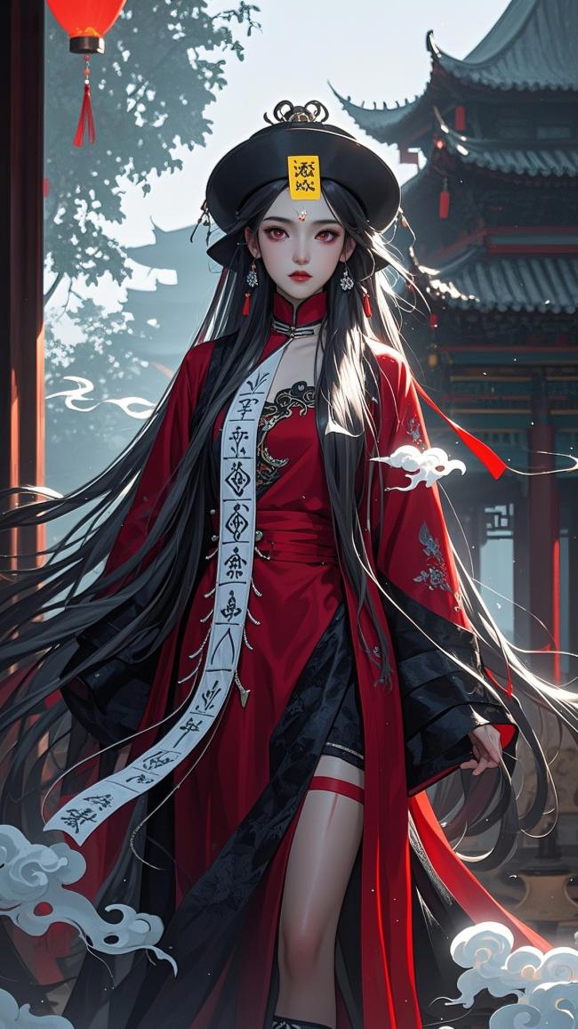 红衣仙侠少女立于古建之间，符咒飞舞，云雾缭绕