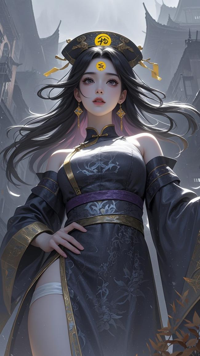 古风仙侠美少女立绘，黑袍金饰显神秘气质