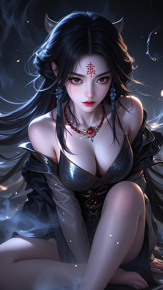 暗黑女神赤印写实插画，8K细节震撼视觉