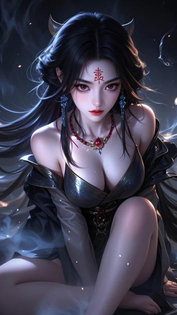 暗黑女神赤印写实插画，8K细节震撼视觉