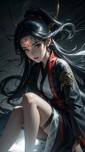 仙侠少女黑发红纹战袍插画