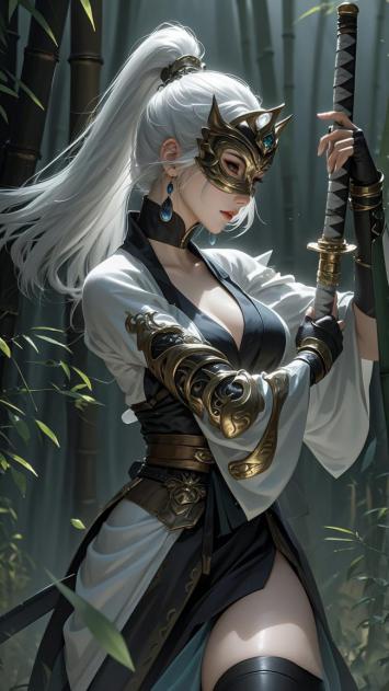 银发剑姬竹林持刃，工笔重彩古风写真