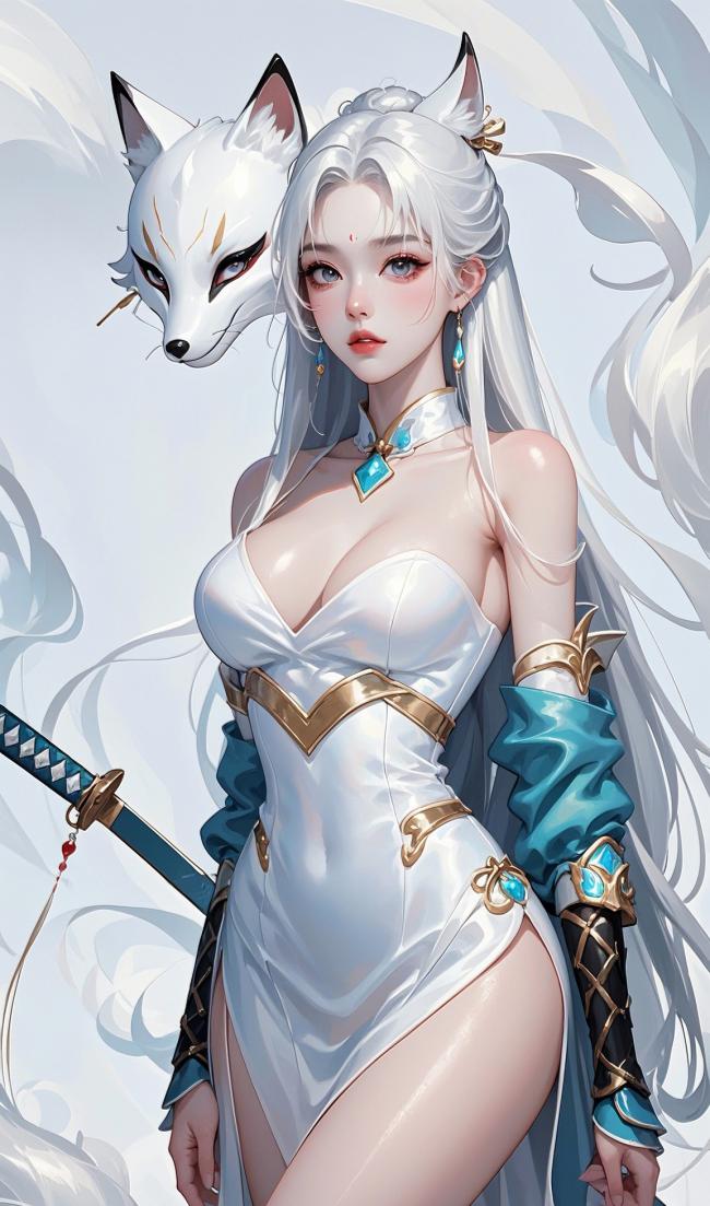 白狐仙姬赛璐璐插画，仙侠战衣持剑而立