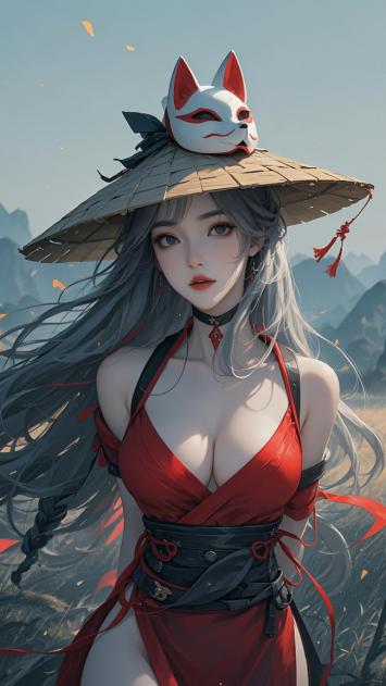 狐面少女汉服立绘，仙侠风日漫角色设计