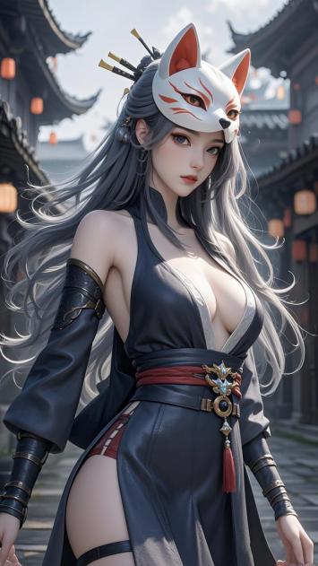 狐面仙姬立古巷，银发飘逸映灯笼