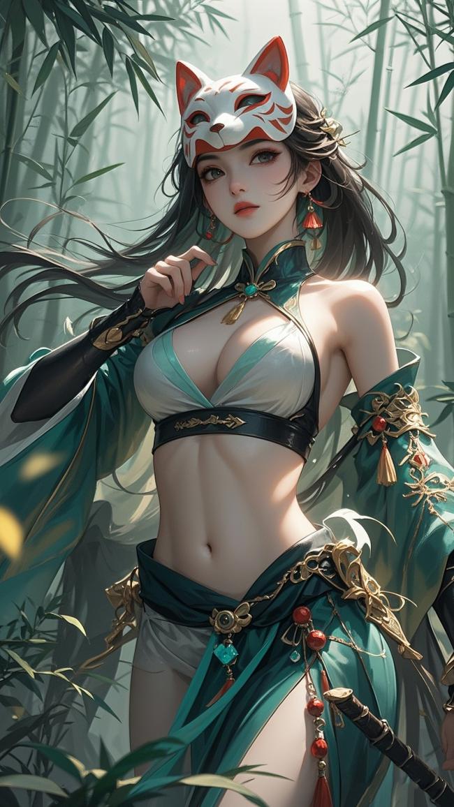 竹林狐面女战神·新国潮插画