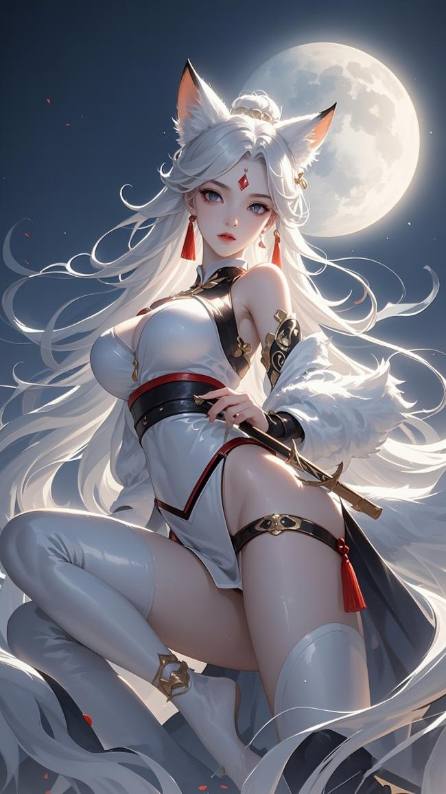 月夜狐耳少女立绘，银发战衣闪耀月华