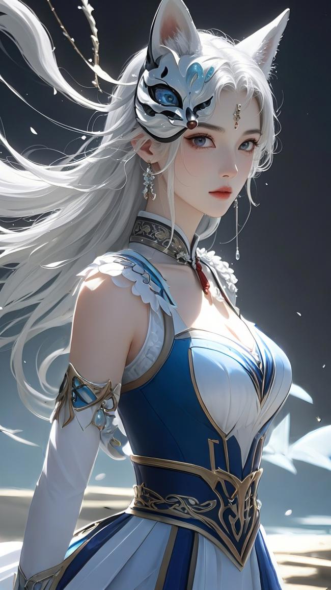 狐耳仙姬写真：蓝白战甲飘雪飞发